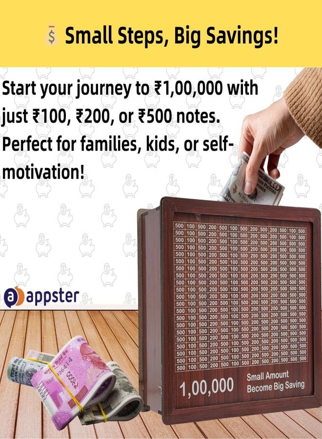 APPSTER 8x7 Inch Jumbo Wooden Piggy Money Bank for Kids & Adults | Carved Design, Mini Bank, Donation Box, Smart Money Coin Box with Numbers Savings Box 100000 Rupees (Brown) - Image 3